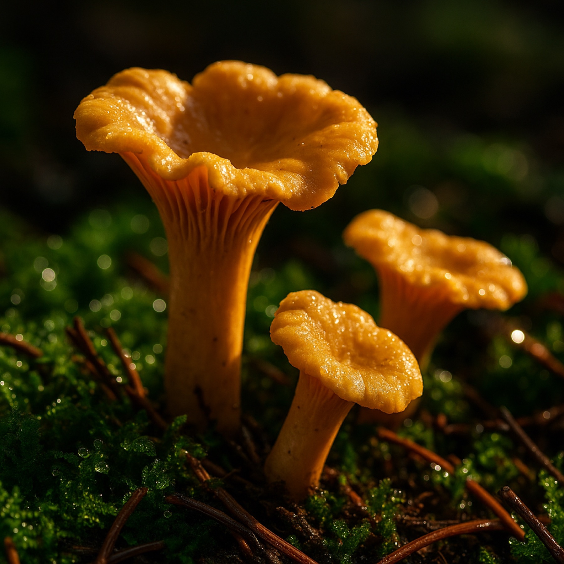 Golden chanterelle mushrooms on the forest floor