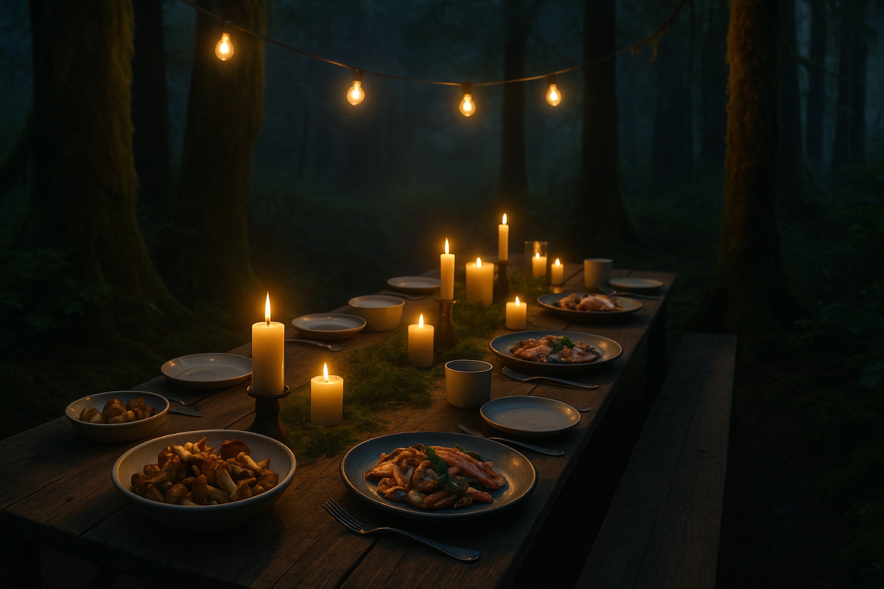 Wild pop-up forest feast at a candlelit communal table