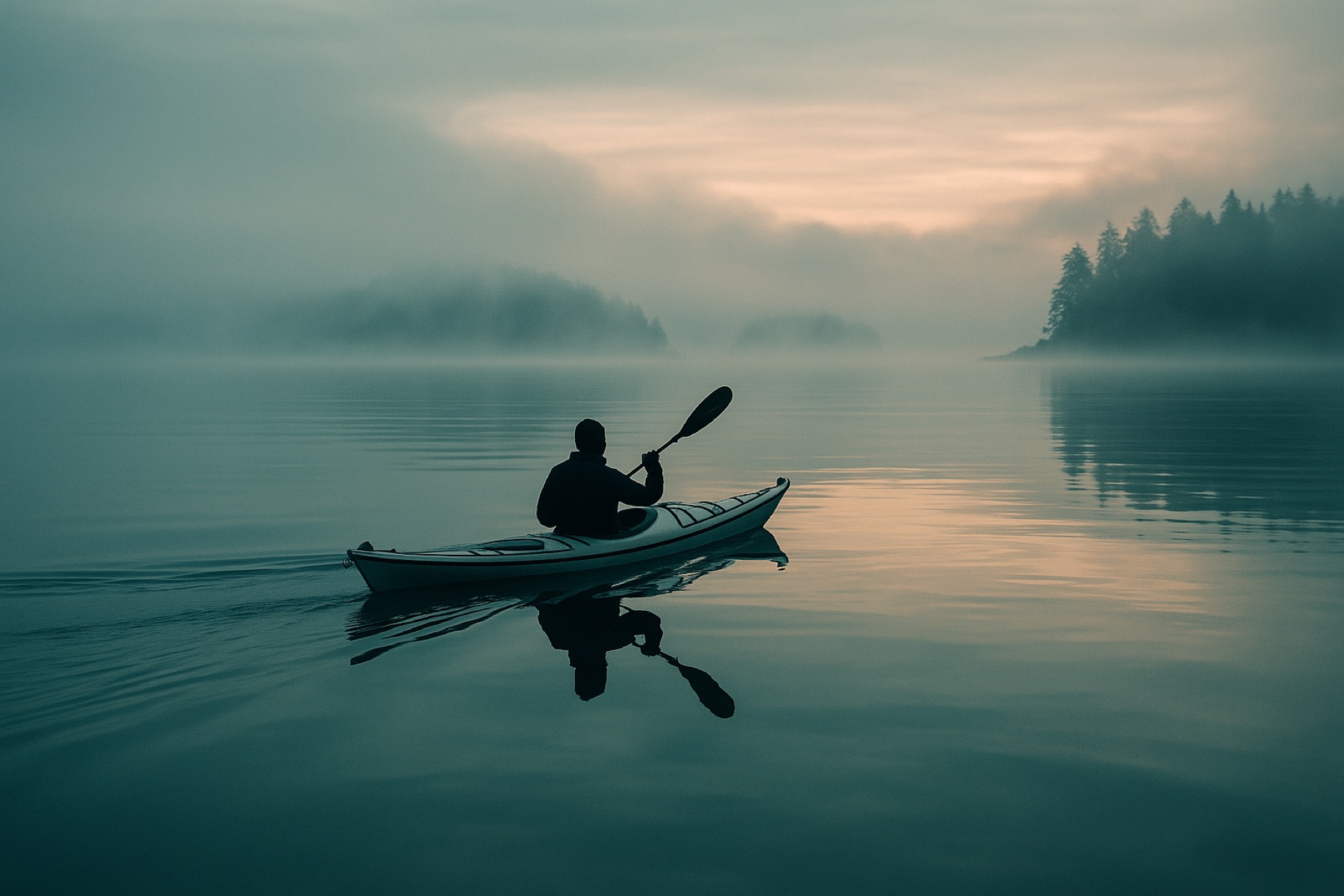 Sea kayak gliding across misty Puget Sound at dawn
