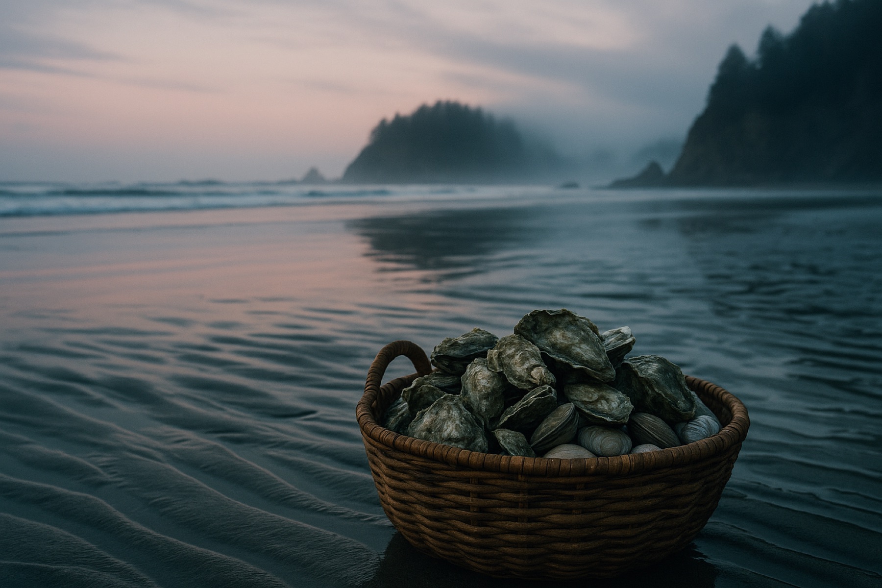 Fresh oysters and clams gathered on the Washington coast